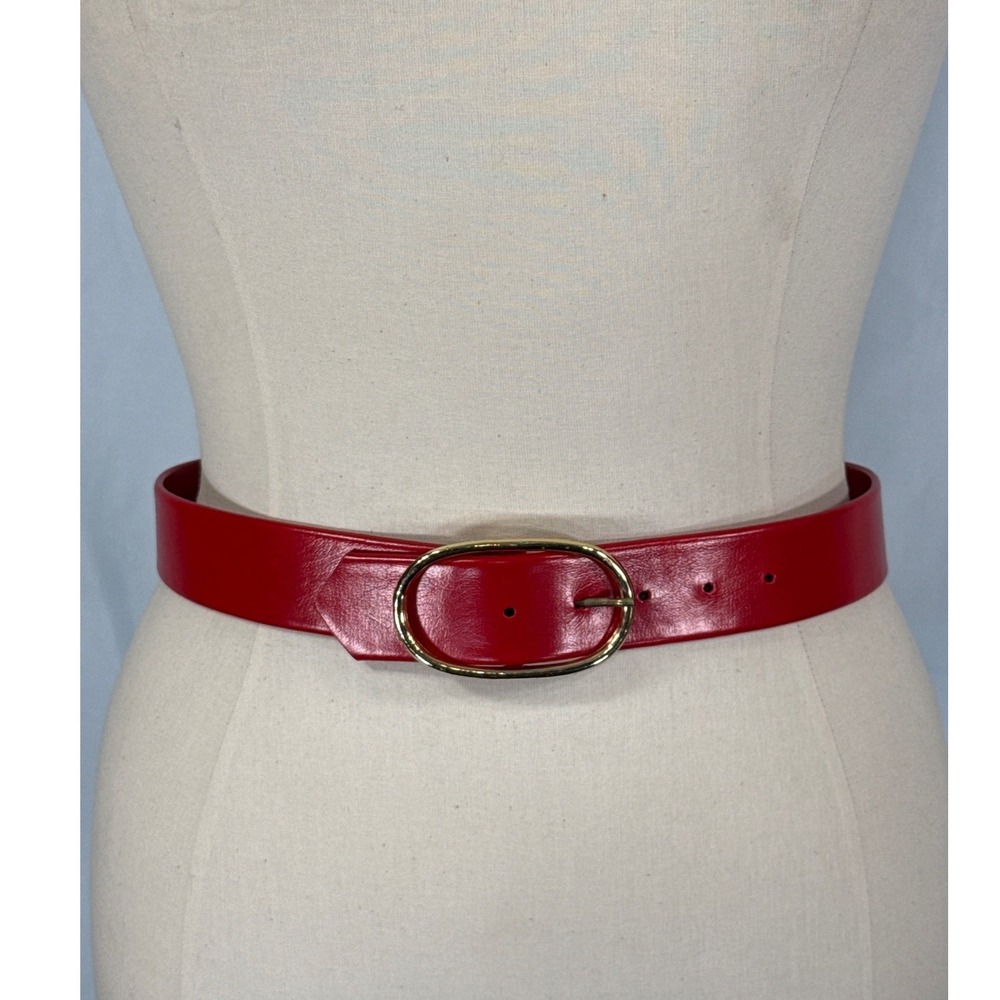 Vintage Style Red Faux Leather Belt Gold‎ Tone Oval Buckle Vinyl Waist 26-29.5"